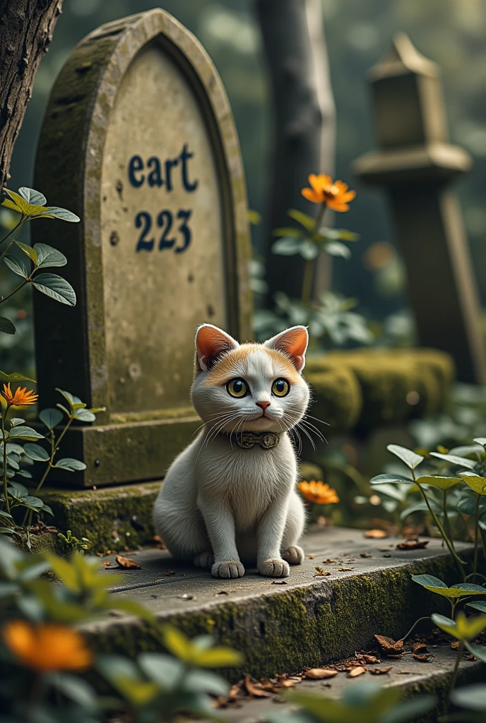 Cat on the Stone Steps，覆盖着青苔和植物的腐烂tombstone，tombstone有文字SeaArt2O23～xxxx，，tombstone，Signs of decay,Cemeteries，Small Flower, in the dark,in conclusion,photography