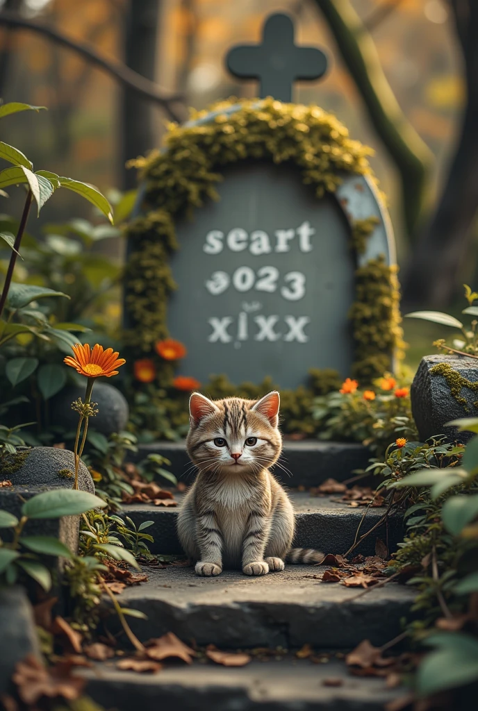 Cat on the Stone Steps，覆盖着青苔和植物的腐烂tombstone，tombstone有文字SeaArt2O23～xxxx，，tombstone，Signs of decay,Cemeteries，Small Flower, in the dark,in conclusion,photography