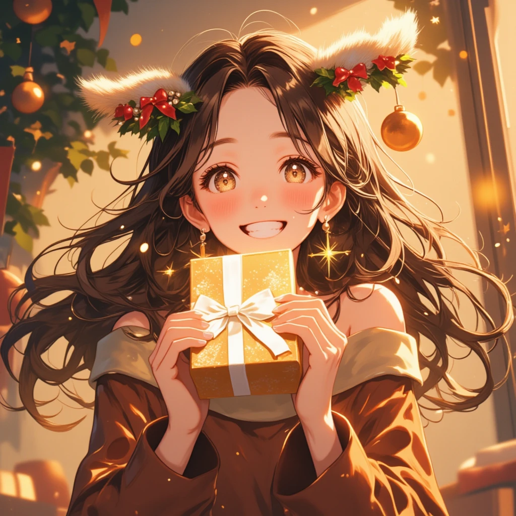 (Masterpiece, high quality, high definition, 4K, 8k, detail）、Christmas, a girl （ cute face、 beautiful eyes、 brown hair、A great smile、Christmas earrings,  パールネックレス、ボートネックのワンピース）、クリスマスプレゼントを手に持って顔にくっつけている、look at me, CG Integrated Wallpaper (Christmas tree motif design), gritting