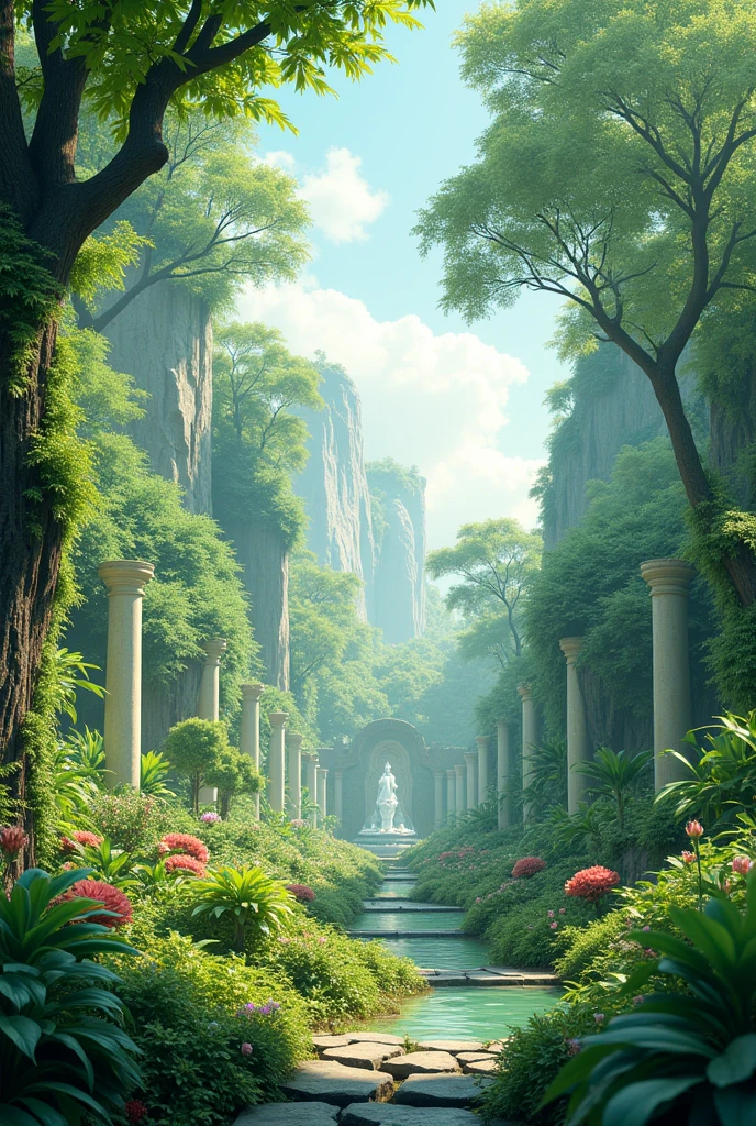 A ancient city reclaimed by the forest, crumbling stone walls and towers peeking through a sea of dense vegetation. Once splendid castle and temples, now just vine-covered rubble and moss-laden ruins poking above the treetops. Intricate stonework barely visible under thick creeping ivy and moss. Empty streets and alleys totally obscured by huge gnarled roots and flowering creepers. Crumbling statues of kings and queens stand weathered and worn, as squirrels and birds nest atop their heads. A gentle stream trickles through the cracked central plaza, waterfall cascading through where majestic palace once stood. Only bats reside here now, roosting in the damp catacombs beneath temples. Birdsong and rustling leaves have replaced hymns and human voices. The mighty walls that once protected now gradually decaying as the forest reclaims its land. This drowned city a relic of a lost people, slowly being enveloped forever in the embrace of the woodland realm.