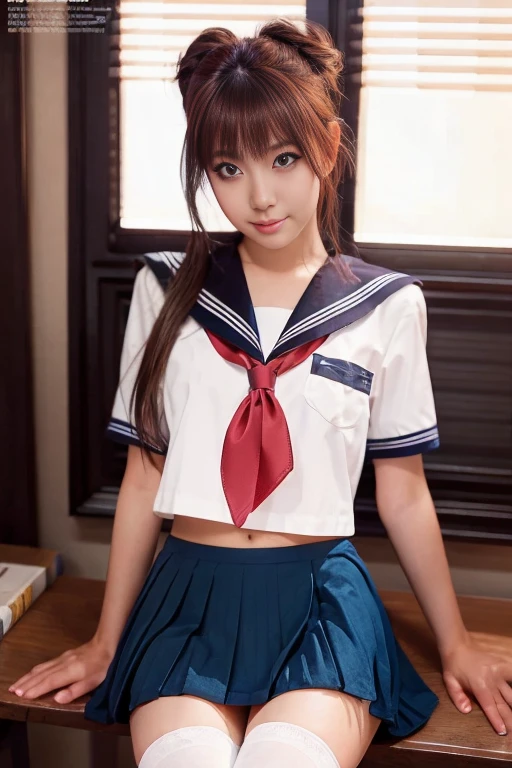 ( 解剖学的にAccurate),Female high school student in Sapporo    ( Short-sleeved sailor uniform,     very short dark blue skirt sitting at a desk in front of a blackboard  ,), Big Breasts, Super beautiful breasts, thin,   thin waist , (Belly Buttonが見える:0.8), whole body, (Beautiful Skin,   skin growth    ,    white skin), (Super slim face, Super beautiful face), (), (double eyelid, ), small nose, thin唇, thin脚,   In front of the school gate  、((    natural makeup ))、((Short length、belly button))、(Magazine Model)、((   stockings  ))、(   selfie taken from below with a fisheye lens   )、((   very cute、  Pictures with protruding nipples   ))、((  I'm standing with my chest up  ))、(  Model Pose  )、Ass POV, (   multi-view  ), Sparkle Effect,    extreme low angle pants shot and chest shot  、 knee-high socks  、 high ponytail 、Red Hair,    bun hair,    hair that flutters like, Shake your hair,    photo taken from under stairs  、rotate、Panty shot、  skirt flip、最  high quality, masterpiece, Accurate,  解剖学的にAccurate, damage,   high quality,   bursting skin ,  Ultra-fine,    3d rendering   ,  portrait photo  , reality,   、(  black tights)、 Pompadour、(   sitting with legs up  )、((下からPanty shot撮影))、 showing off her legs at a low angle 