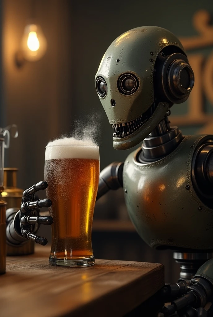A robot with a brain melting with beer