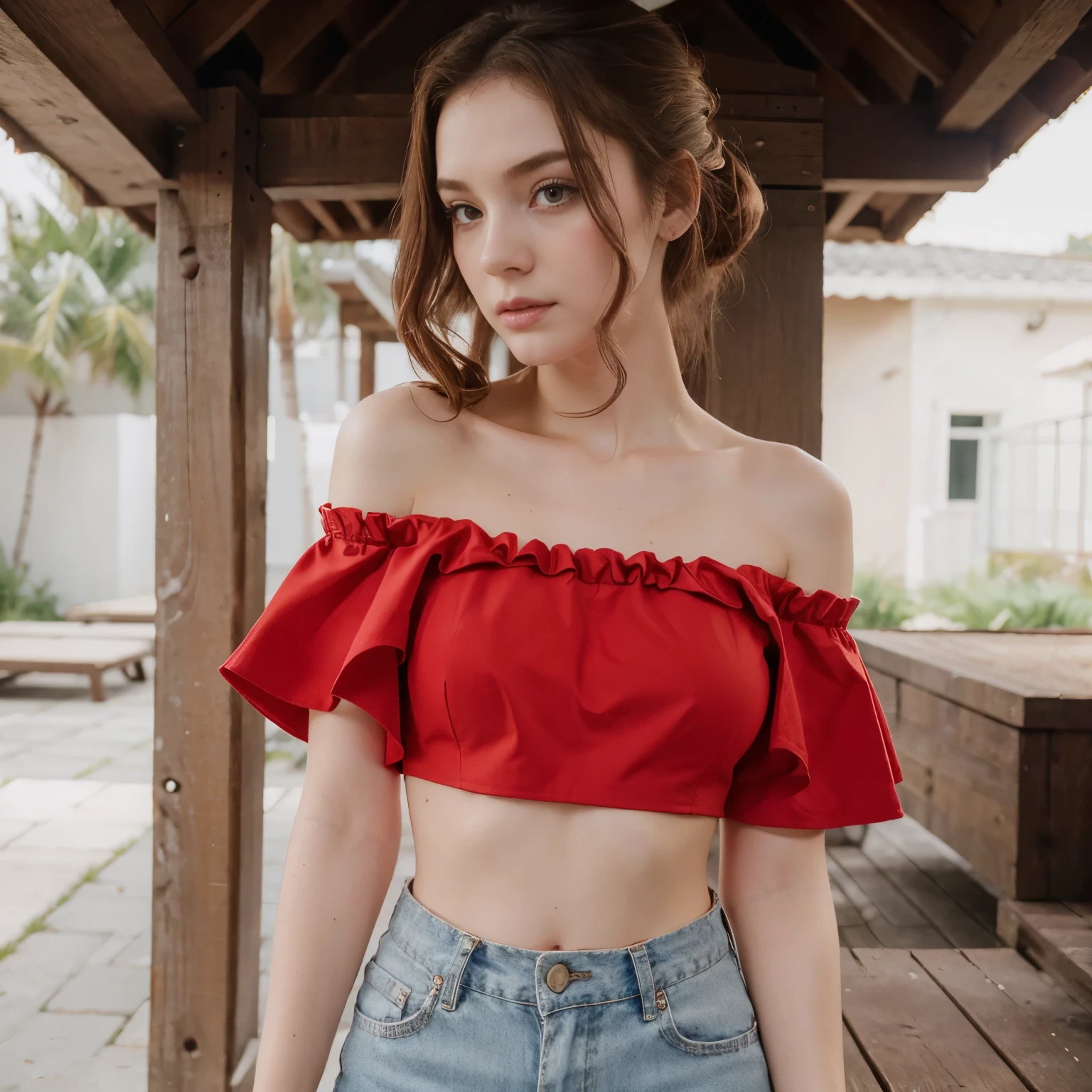 A 23-year-old Thai young woman stands on a balcony's edge, The unbuttoned shirt falls open, her partially buttoned large white shirt framing her beautiful skin as she gazes out at the breathtaking scenery below. Off the shoulder, Brown eyes, her cute face beams with a warm smile, holding a red coffee cup and looking directly into camera. The high-contrast lighting accentuates her features, while the sharp focus captures every detail of her delicate features against the vibrant colors of the cityscape or lush greenery blending harmoniously in the background.