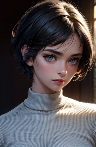 ( artwork:1.3), (8k,  photorealistic , RAW photo,  best quality : 1.4), (1 girl), beautiful face, ( realistic face ), ( black hair ,  short hair:1.3), beautiful hairstyle, realistic eyes, lindos olhos detalhados, (pele realista), beautiful skin, (Sweater), absurdities, attractive, ultra high resolution,  ultra realistic ,  highly detailed , golden ratio