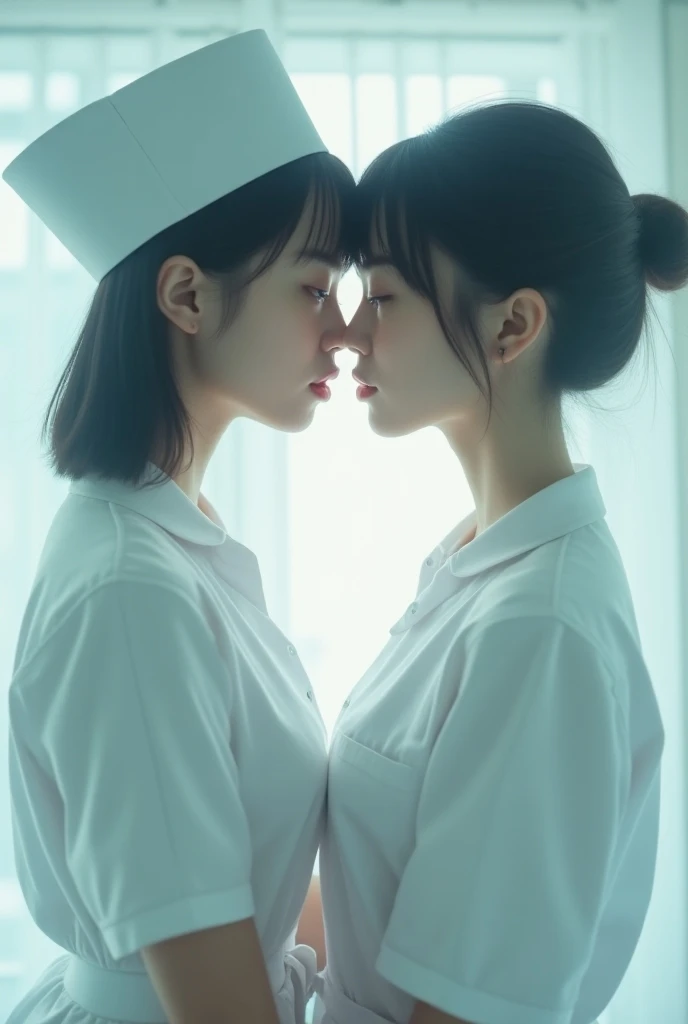 (masterpiece:1.4), (best quality:1.4), (extremely detailed:1.33),(ultra detailed),Japanese,20 years old,((2girls)),multiple girls,cute girl,standing in line,side by side,stick together,(black hair),((skinny body)),(small breast:1.1),
indoor,((blur background)),hospital,medical equipment,front lighting:1.1
