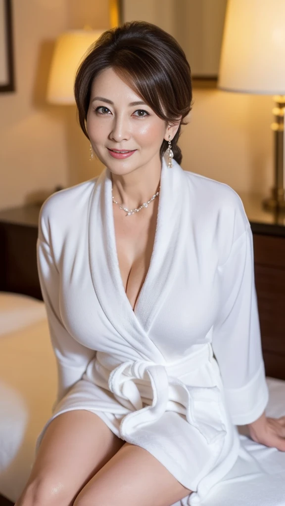  Masterpiece,Best Quality, (Dear mature woman .:1.5), ,（Sit on a bed in a luxury hotel suite:1.8)、Staring at me with a smile、Full body photo night，(White bathrobe:1.3)、(Beautiful Mature Woman:1.5)、Long legs， Skin ，（ small face:1.3)， Panoramic View，（Small Wrinkles :1.7),（ slightly chubby:1.4)、，(Big Breasts:1.4)，( beautiful mature woman over 60:1.8),  （ Beautiful hair upstyle :1.5)、 perfect face,,  ( detailed facial features ),  (A clean and elegant face:1.6)、 necklace 、 earrings for a woman alone、