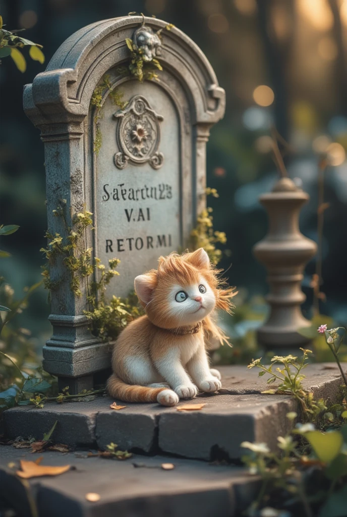 Cat on the Stone Steps，覆盖着青苔和植物的腐烂tombstone，tombstone有文字SeaArt2O23～xxxx，，tombstone，Signs of decay,Cemeteries，Small Flower, in the dark,in conclusion,photography