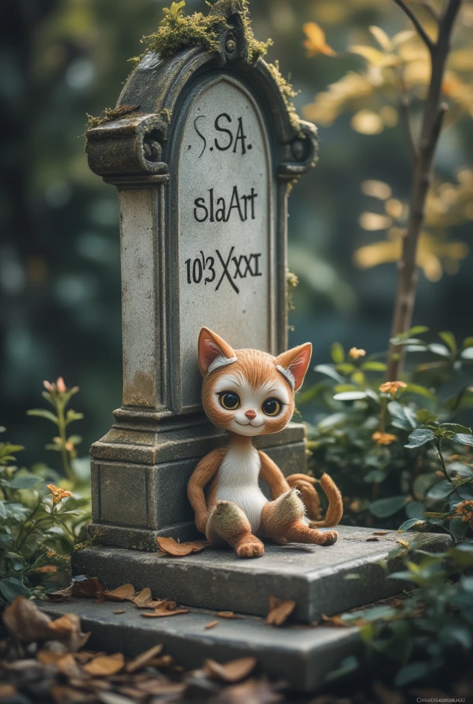 Cat on the Stone Steps，覆盖着青苔和植物的腐烂tombstone，tombstone有文字SeaArt2O23～xxxx，，tombstone，Signs of decay,Cemeteries，Small Flower, in the dark,in conclusion,photography