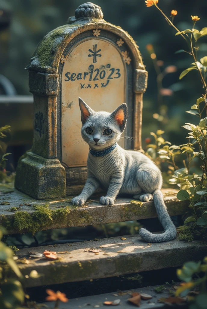 Cat on the Stone Steps，覆盖着青苔和植物的腐烂tombstone，tombstone有文字SeaArt2O23～xxxx，，tombstone，Signs of decay,Cemeteries，Small Flower, in the dark,in conclusion,photography