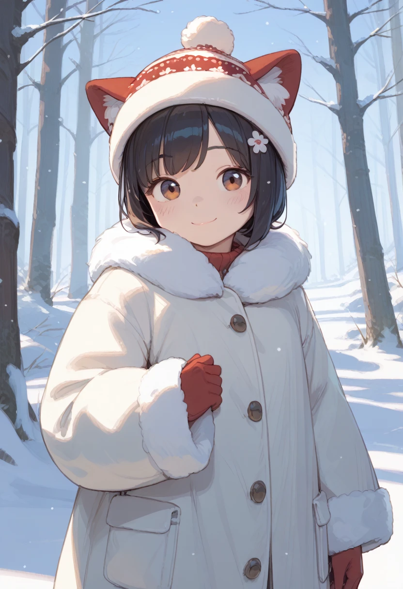 ((Best Quality)), ((masterpiece)), ( Details), 1girl, Alone, cute, smile, closed mouth, snow, boxy fur coat, trapper hat, middle