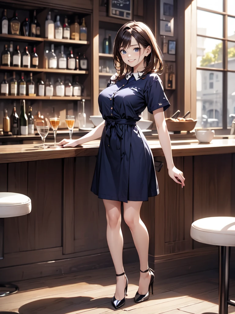 (masterpiece:1.3),(best quality, highest quality),((Full Body Shot,Including face)),girls,4K,masterpiece,((Focus on the face)),((Symmetrical facial features)),Beautiful woman,(slender),((High heels)),Detailed depiction of the face, Cafe ,bar,tie,See-through shirt,Casual wear,skirt,Age 25,(smile),kawaii, (illustration:1.3),Focus on the face,Sit on a chair