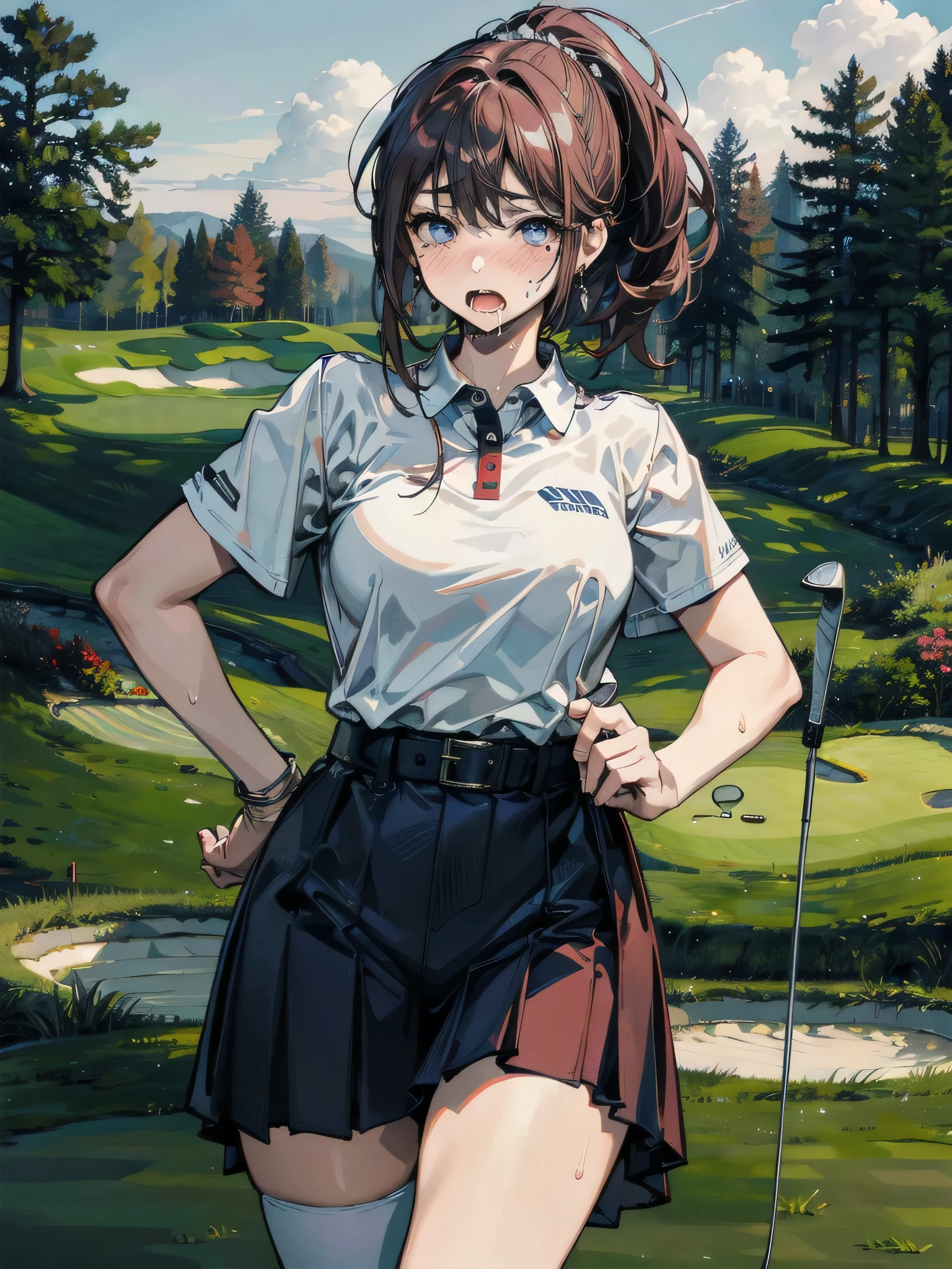nsfw, (masterpiece, top quality, best quality, highly detailed:1.6), extremely detailed CG unity 8k wallpaper, strong facial expression, (sharp eye:1.2), (scowl:1.1), (embarrassed, blush:1.3), (steam:1.8), (wet:1.2), (sweat:1.1), (trembling:1.3), (open mouth, wavy mouth:1.4), (harf open eyes:1.5), (feeling weak:1.5), (shoot from front, looking at viewer:1.2), (leaning forward,close knees, hands between legs, pee running down legs:2), (((clutching crotch))), (golf course, Sun visor:2), (woman, outdoor, Golfer:1.4), (long hair, brown hair, ponytail:1.5), (woman trembling with sexual climax:1.5), colorful, full body, wide shot, perfect composition, urination, incontinence, piss, peeing self, A lot of pee, pee running down legs, (((pee stream))), (pee puddle), wetting herself, pee stain, peeing, blush, trembling, embarrassed, large breasts, Yellow pee, ((leaking pee)), Shaking one's shoulders, Breaking a sweat on forehead, puddle of pee, Pee at your feet, Pee spread on the floor, Pee stains, Dripping pee between my legs, Feet wet from pee, Pee-covered feet, Pee at your feet, want to pee, about to pee, Full bladder, Pee-soaked skirt, Pee-soaked shoes, natural makeup,
