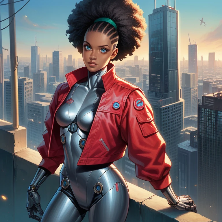 1girl, city,  construction , cyberpunk, skyscraper,  science fiction , cyborg, Alone,  long black hair, shiny punk hair , breasts,  cityscape, crane \(machine\), toys, realistic, ,  dark-skinned woman, blue eyes, standing, Red jacket, cybernetic body, bionic arm,  black cyber armor, superhero, A young girl, afro americano, comics style