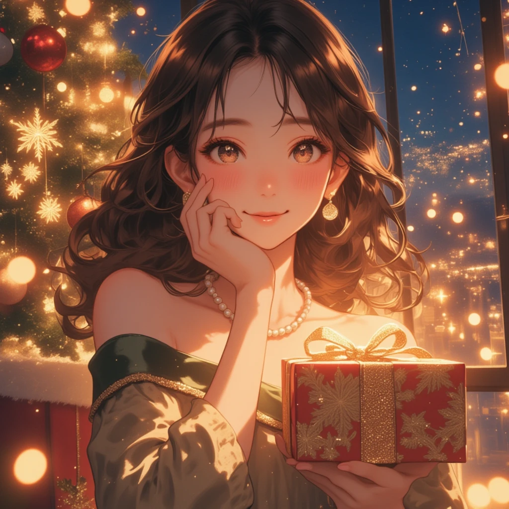 (Masterpiece, high quality, high definition, 4K, 8k, detail）、Christmas, a girl （ cute face、 beautiful eyes、 brown hair、A great smile、Christmas earrings,  Pearl Necklace、Boat neck dress ）、 holding a Christmas present in my hand and sticking it to my cheek、look at me, CG Integrated Wallpaper (Christmas motif design), gritting　Christmas tree, night、 Christmas color icon perspective 