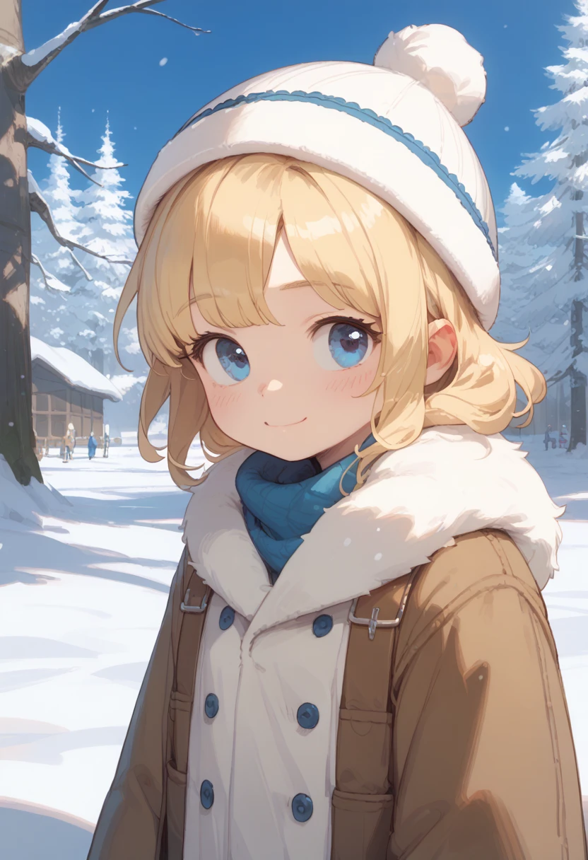 ((Best Quality)), ((masterpiece)), ( Details), 1girl, Alone, cute, smile, closed mouth, snow, boxy fur coat, trapper hat, middle, blonde hair, blue eyes