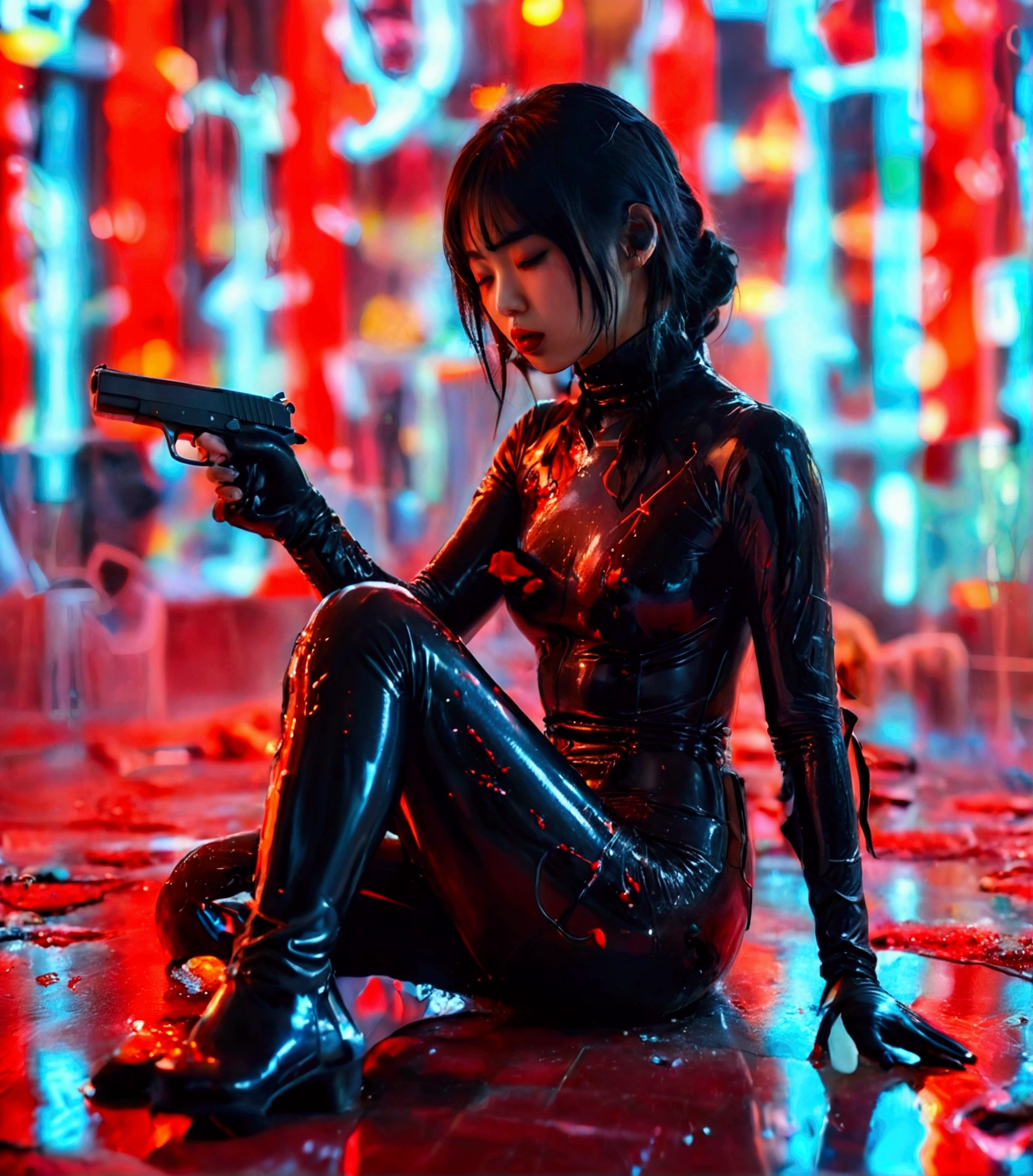 uma garota very skinny and sexy, wearing black lingerie with pantyhose and latex face mask. Dark room with only red neon lighting. Muitos detalhes, extremamente realista. alta qualidade, 8k
