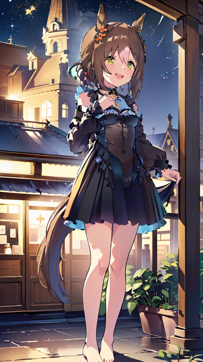 masterpiece, Best Quality,  Hi-Res,  very detailed,(((Fine Motion)), (((Horse Girl))), (((Black nightgown))), ((( miniskirt))), (((barefoot))), ((( Standing in the Distance ))), (((Positive。))), ((( starry sky ))), (((Around town))), ((( is laughing。)))