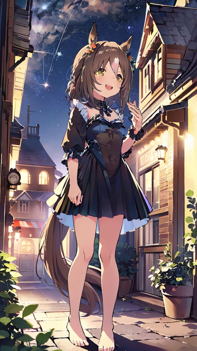 masterpiece, Best Quality,  Hi-Res,  very detailed,(((Fine Motion)), (((Horse Girl))), (((Black nightgown))), ((( miniskirt))), (((barefoot))), ((( Standing in the Distance ))), (((Positive。))), ((( starry sky ))), (((Around town))), ((( is laughing。)))