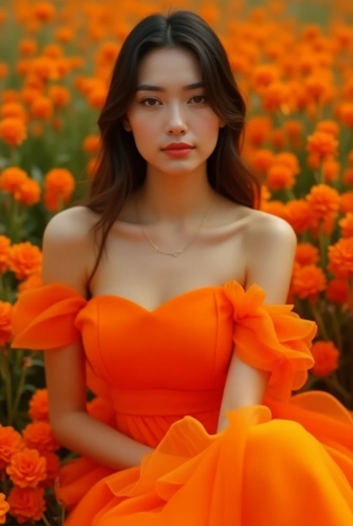 A beautiful Indonesian girl, smooth white skin, well-groomed face,rambut sanggul ala Korea, purple , ,wearing a wide knee length orange dress, , closed door, left and right sleeves with beautiful ribbons,balloon sleeve model ,memegang kucing anggora berukuran besar, , ,luxury watch , white shoes, Sitting pose,, with grace, eyes looking at camera. in the thicket , orange orchid flowers that bloom beautifully and profusely. Orchid flower field background , beautiful very amazing .Realistic original photo 