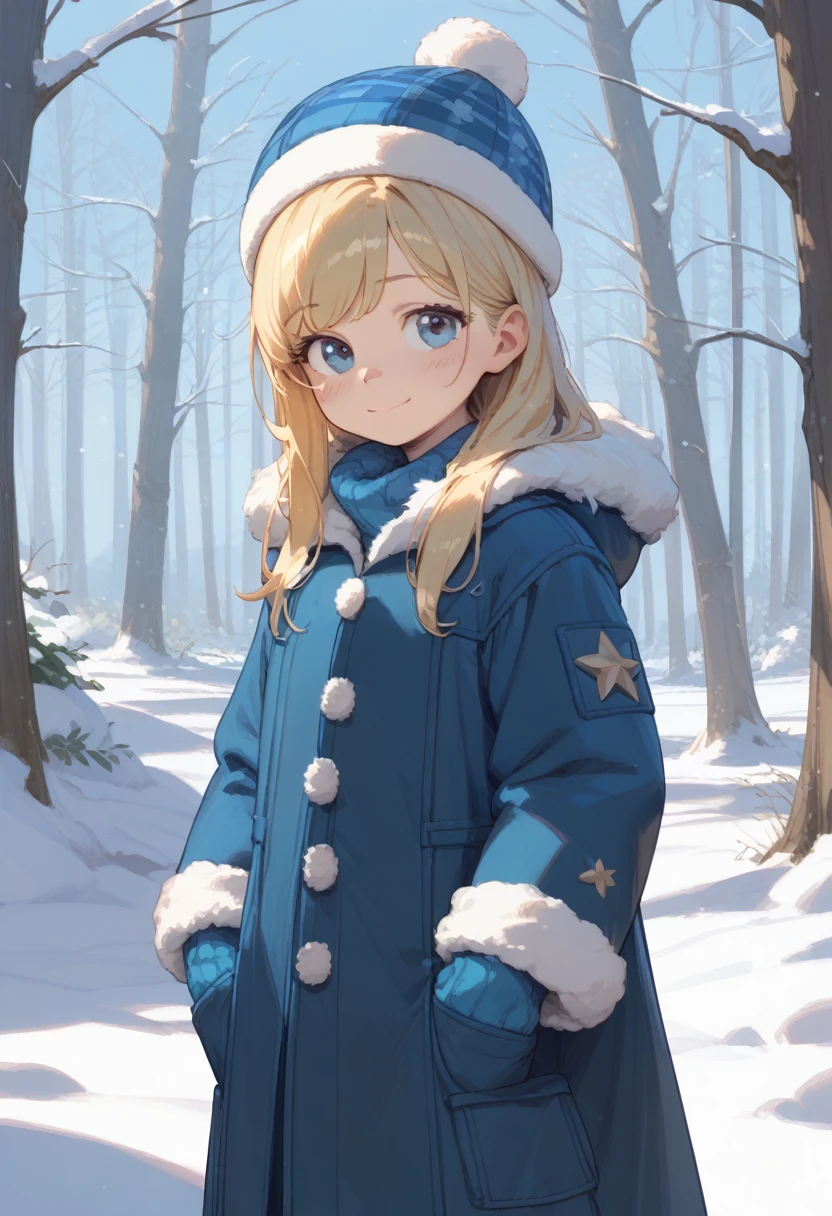 ((Best Quality)), ((masterpiece)), ( Details), 1girl, Alone, cute, smile, closed mouth, snow, boxy fur coat, down coat, trapper hat, middle, blonde hair, blue eyes, long hair