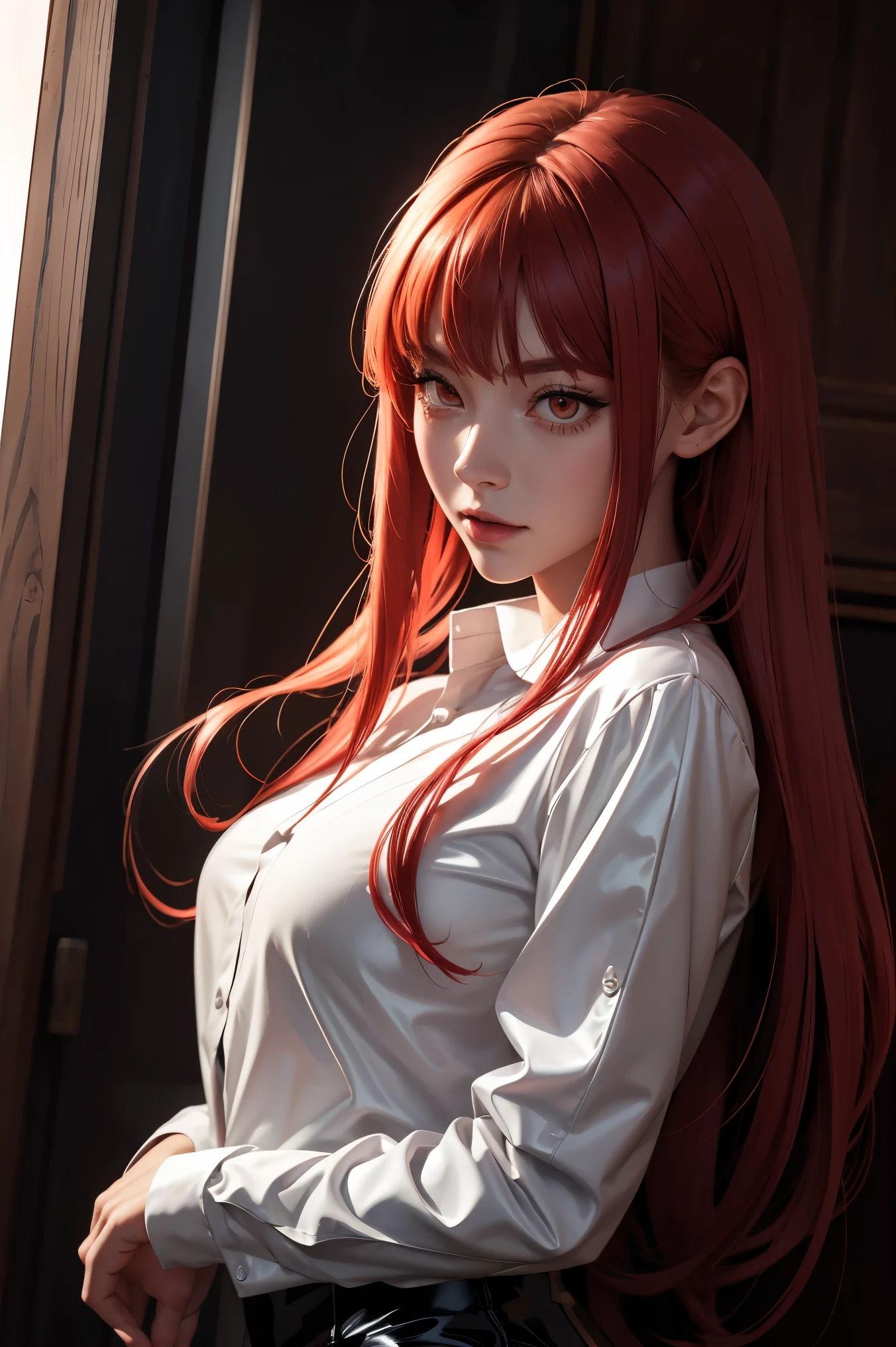 8K, Ultra High Definition, Super detailed, young girl of 18 years, Shiny detailed hair, detailed face, normal landscape, solo, looking at viewer, {{best quality}}, {{masterpiece}}, {{ultra-detailed}}, {detailed light}, ultra high quality eyes, detailed eyes, perfect eyes, large eyes, red eyes, schoolgirl outfit, sexy tattoo, red hair, long hair, beautiful, skinny body, White skin, slutty, erotic, blushing, nsfw