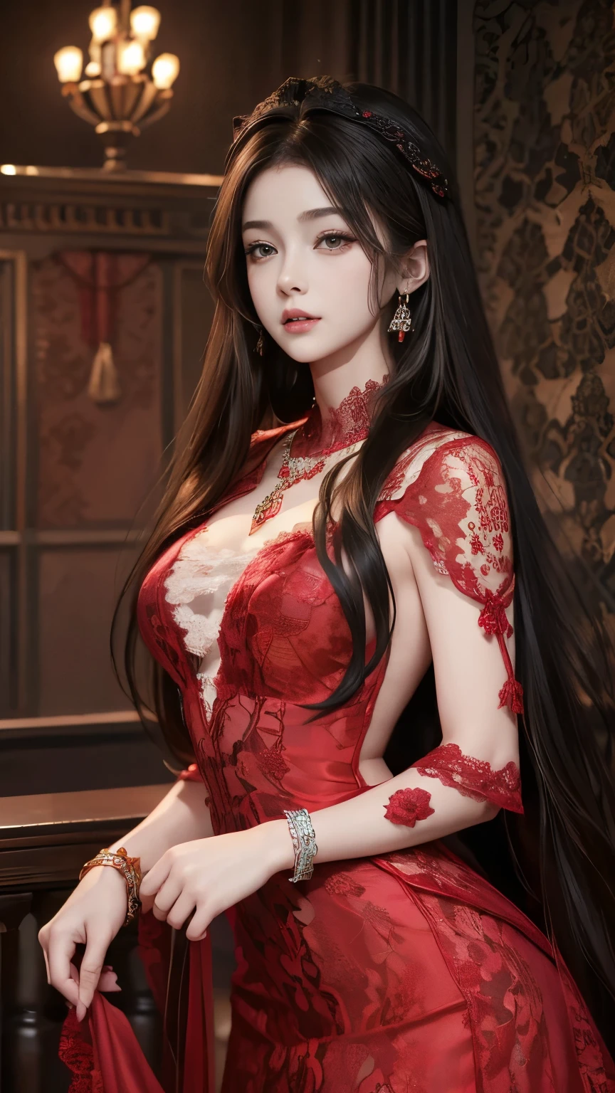best quality, super fine, 16k, RAW photo, photorealistic, 2.5D, incredibly absurdres, extremely detailed, delicate, flashy and dynamic depiction, beautiful woman like Reiji Matsumoto draws, intelligent cool beauty, excited look, glossy light brown hair, beautiful bright sharp eyes, glossy red lips, wearing gorgeous and glamorous black evening dress, red lines, shiny satin fabric, lace, embroidery, robes, shawls, accessories, superlative body proportion, gorgeous and gorgeous effects, background aristocratic social setting