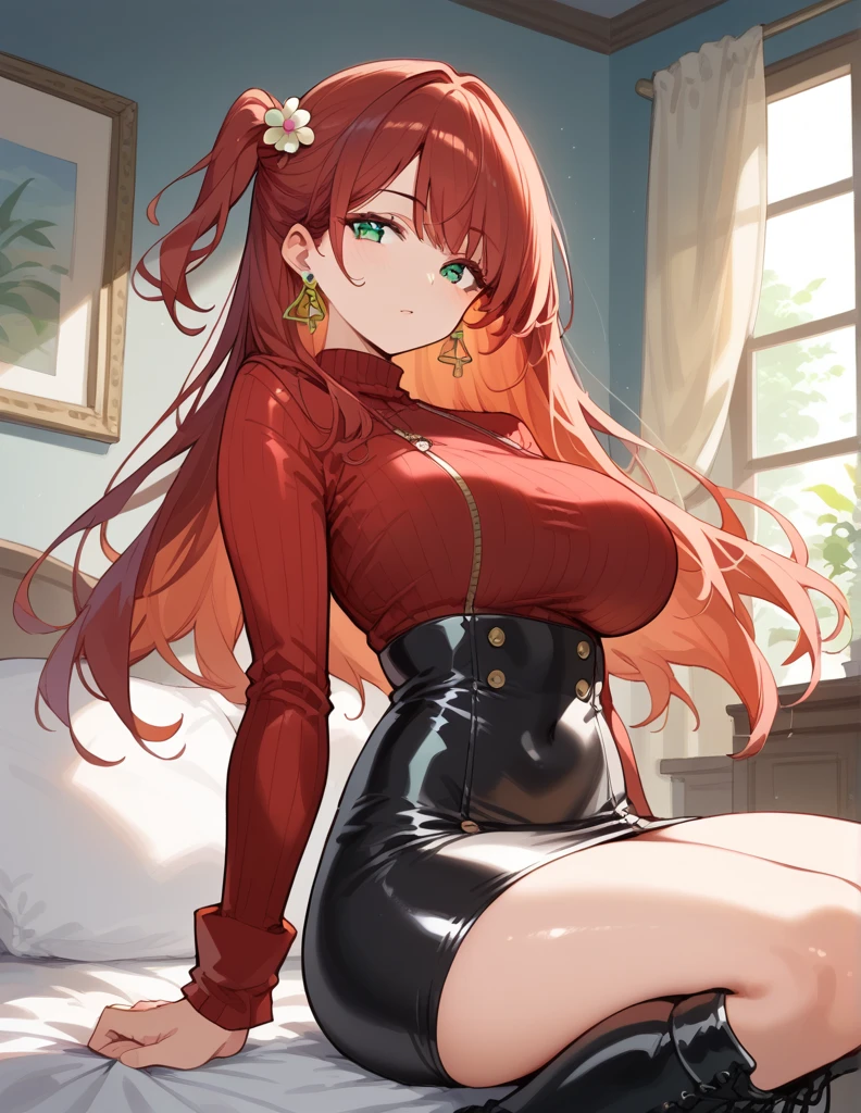 score_9, score_8_up, score_7_up, source_Cartoon, Morning Fragrance  ,   red hair, (green eyes, one side up),,hair accessories,   Glossy Skin , long hair, Circle Earrings  .Tight Leather Skirt.Leather Black Horse Boots 