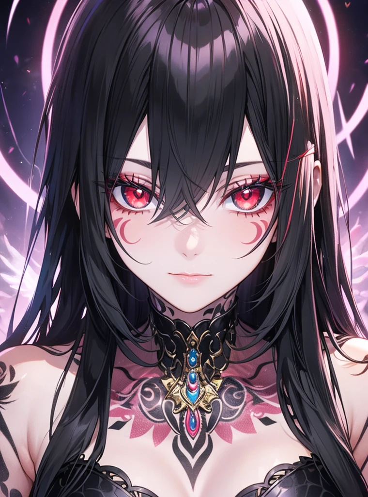 A detailed character description of a female figure embodying the following attributes: she has striking red eyes and very long black hair, complemented by bangs that frame her face. This character is depicted in a solo pose, sitting gracefully while looking directly at the viewer with a serene expression and closed mouth. Her body is adorned with intricate tattoos, including a full-body tattoo that features various body markings and an arm tattoo that adds to her unique appearance. Emphasize the glowing effect of her eyes and the tattoos, enhancing the overall ethereal quality of her presence.