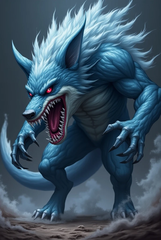 A blue and purple wolf roaring aggressively at night
