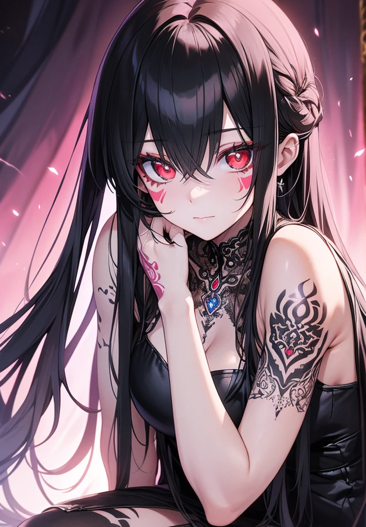 A detailed character description of a female figure embodying the following attributes: she has striking red eyes and very long black hair, complemented by bangs that frame her face. This character is depicted in a solo pose, sitting gracefully while looking directly at the viewer with a serene expression and closed mouth. Her body is adorned with intricate tattoos, including a full-body tattoo that features various body markings and an arm tattoo that adds to her unique appearance. Emphasize the glowing effect of her eyes and the tattoos, enhancing the overall ethereal quality of her presence.