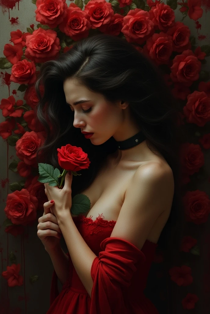 A nude caucasian 16 year old girl embarresed squatting hide behind a very thin red rose plant whit two red rose coverig her nudity a full body picture in frontal in panoramic view full HD
