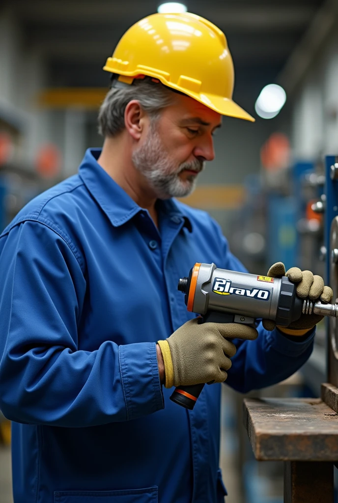I NEED TO RECREATE AN IMAGE OF A WHITE WORKER, SHORT WITH SAFETY GLASSES,with helmet,gloves. THAT HAS A BLUE JEANS SHIRT THAT ON THE BACK SAYS ESPO THAT IS CROUCHED CUTTING ROD WITH A POLISHER 
