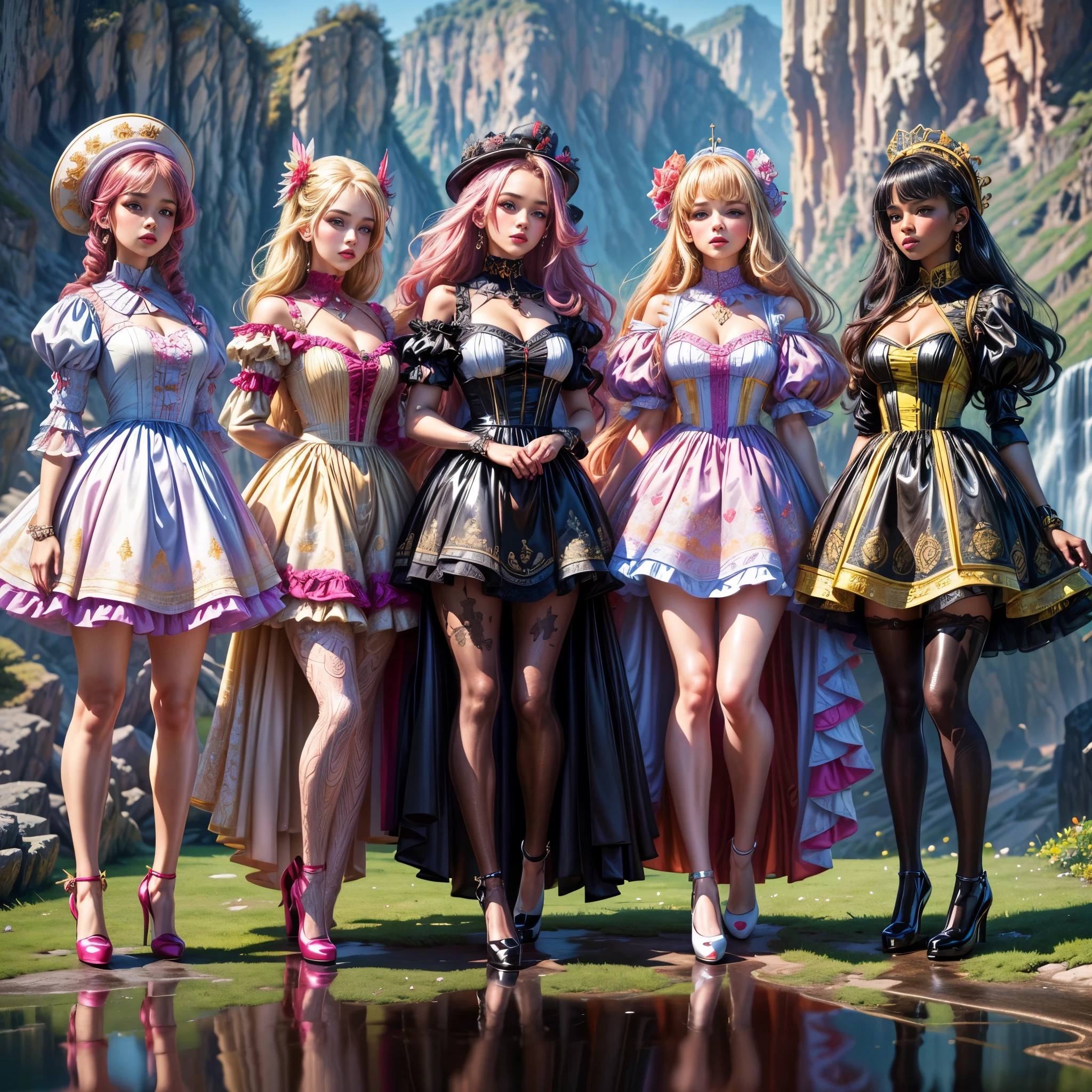 ((full body shot):1.5), a group of women,((Torture of the original form style):1.3), in elegant Classic ta Princess mini Dress,( high waisted short dress :1.2), ((Standing and posing on a steep cliff)), Bimbo, (Muticolored:1.4), (Wear dresses of different colors:1.2),Mary Jane shoes , ornate and luxurious patterns and accessories, fashionable attire,( patterned pantyhose:1.2),( Full of patterns:1.1), highly detailed full body shot, posed gracefully, stand in a row, Wear a Headwear, (mixed monochrome:1.1), (GLOSSY refection collection:1.3),loraavril , hyper realistic, 8k, dramatic lighting, cinematic, fashion editorial, vogue magazine cover, rich color palette, elegant, glamorous,`