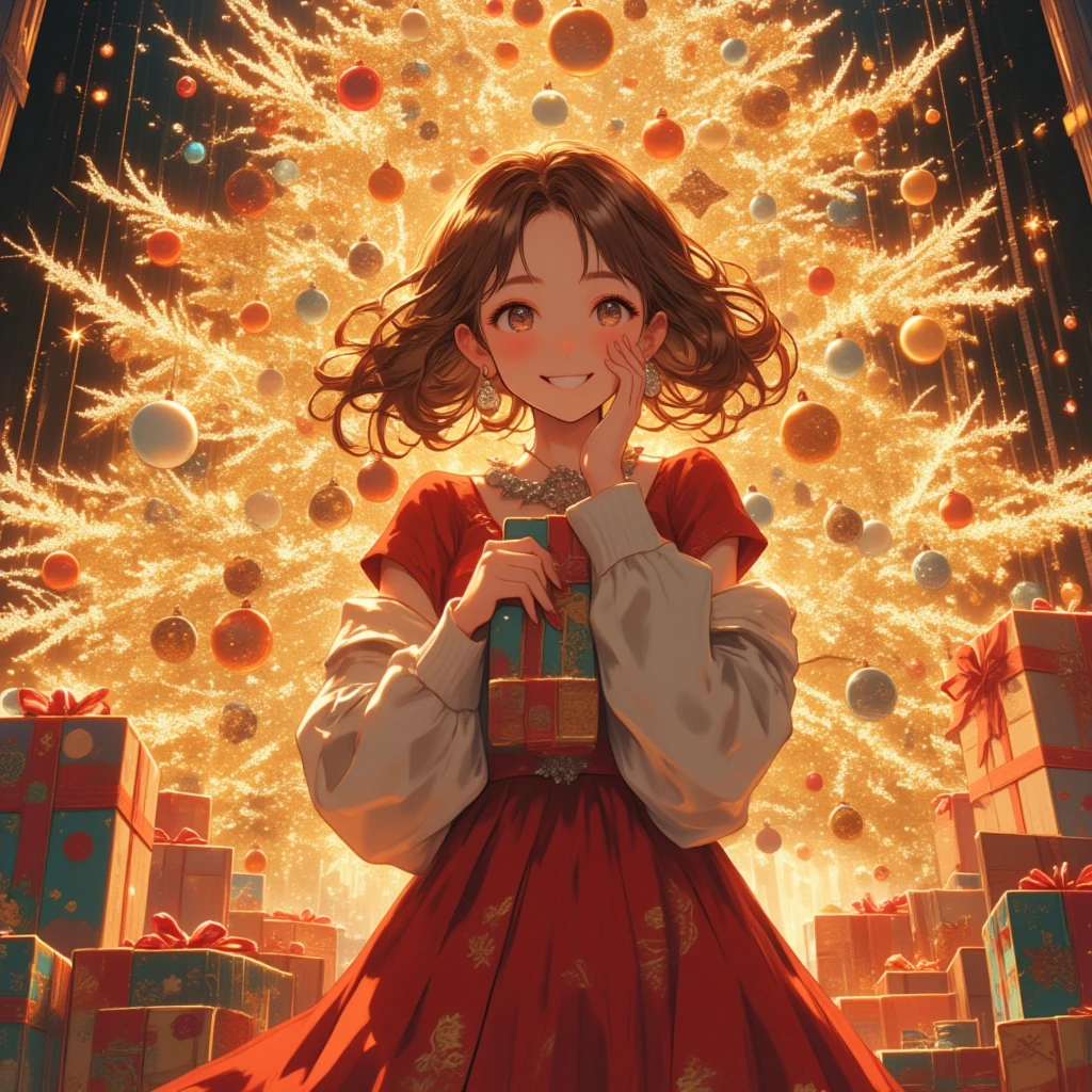 (Masterpiece, high quality, high definition, 4K, 8k, detail）、Christmas, a girl （ cute face、 beautiful eyes、 brown hair、A great smile、earrings, Red Shirt Dress）、 holding a Christmas present in my hand and sticking it to my cheek、look at me,There's a big Christmas tree behind 、 CG Integrated Wallpaper (Christmas motif design), gritting　Christmas tree, Soft bright light、Daytime events、 Christmas color icon perspective 