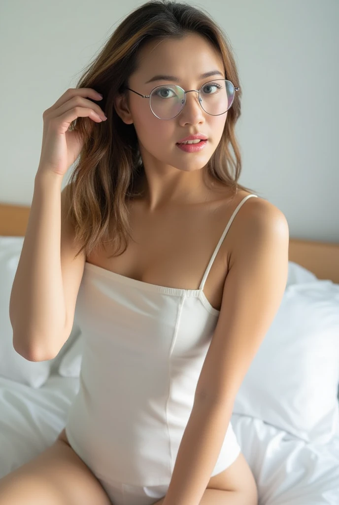 "A Thai woman with fair skin wearing glasses, sitting on a bed in a relaxed pose. She has one hand gently brushing her hair back. She is dressed in a white spaghetti-strap top and very short shorts, with a soft, calm bedroom