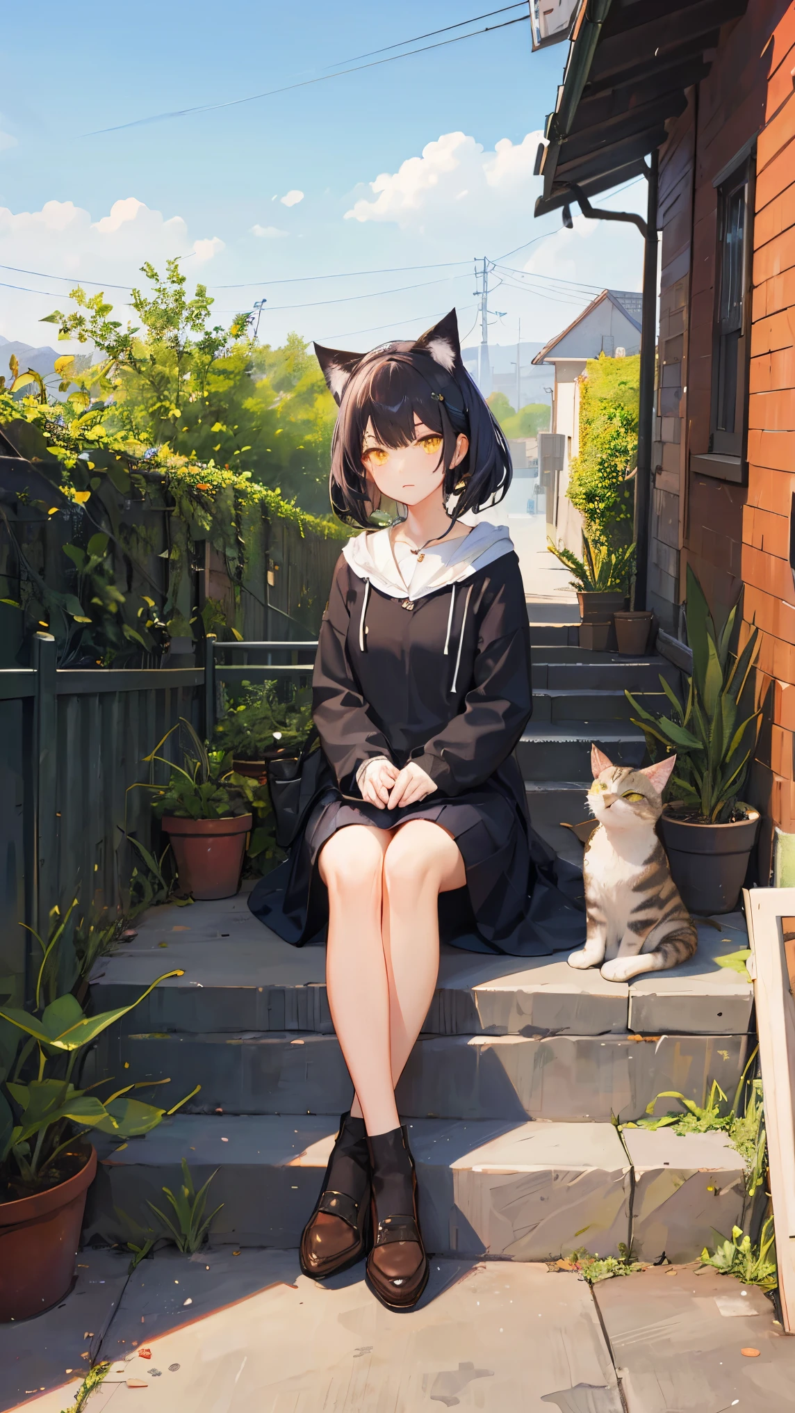 1 cat girl, Absent-minded calico cat、illustratio、high-level image quality、a cute little cat、Animated、Yellow eyes、Illustration written in colored pencils, sitting on stone steps