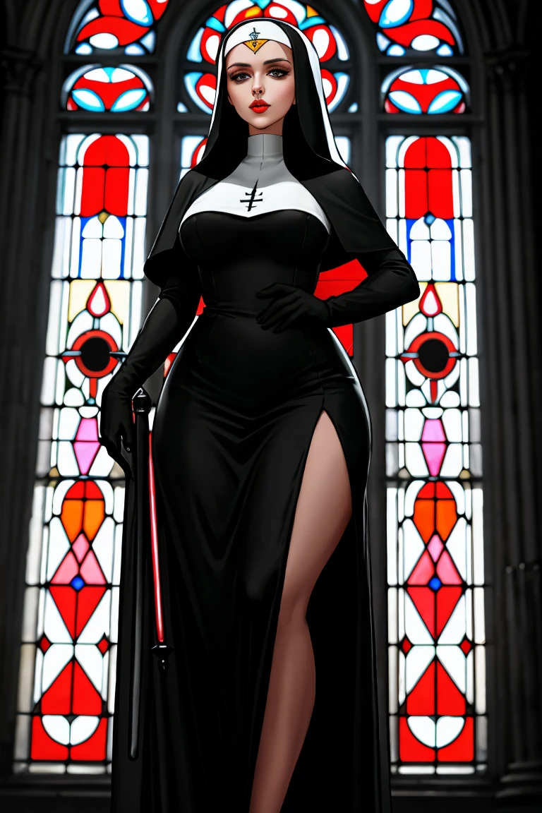 A warrior nun in black, white and red, tall and slender hourglass figure, large full and firm breasts, long slim and slender waist, large wide hips, large full and firm buttocks, thick thighs, makeup, glossy lips, large full lips, (natural lighting), inside Old World cathedral with stained glass windows