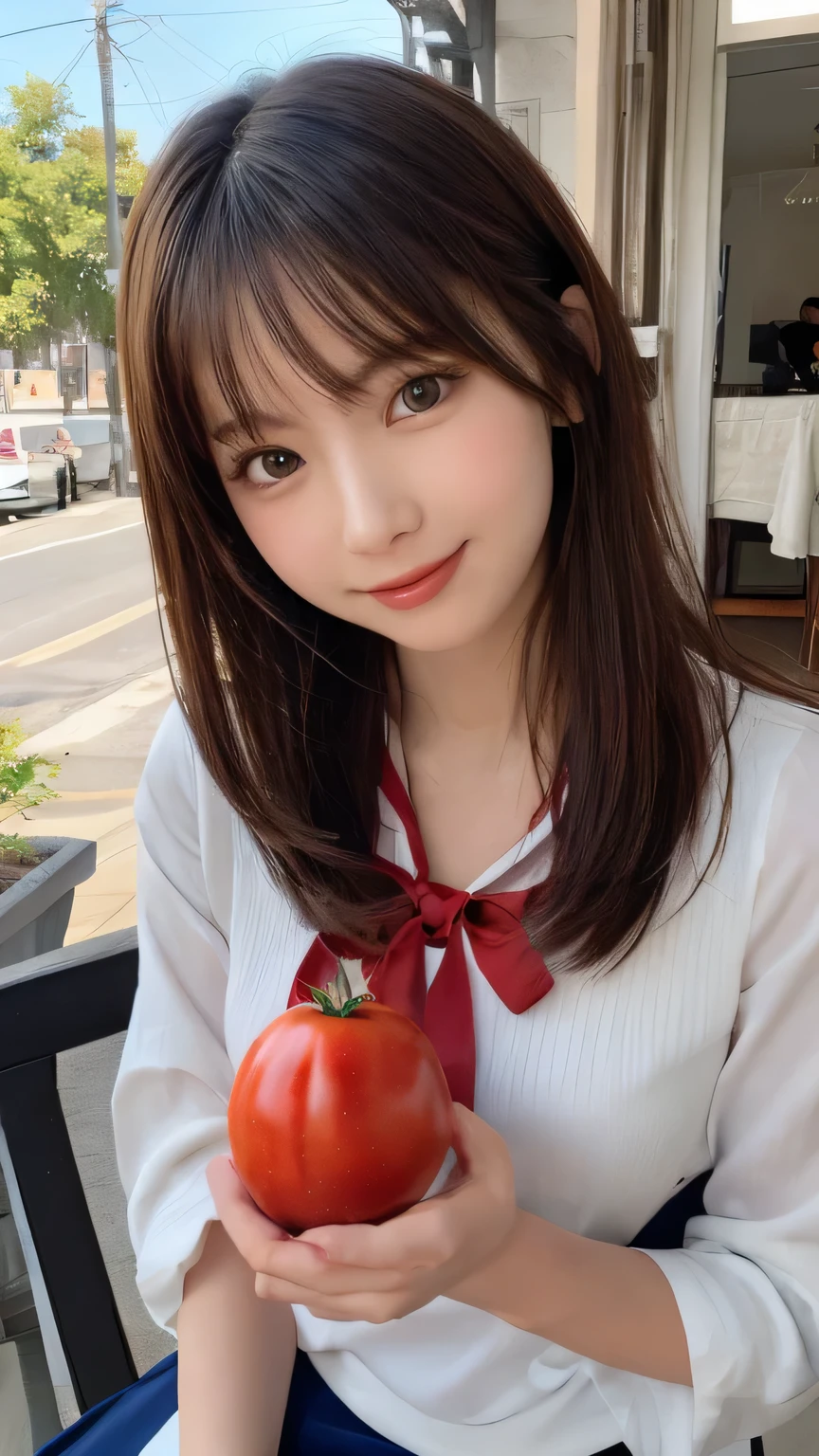 Ultra-realistic capture, Highly detailed, 人間の皮膚のhight resolution16kクローズアップ. Skin texture must be natural, With enough detail to finely identify pores. Skin should look healthy, In a uniform tone. Use natural light and color,(Best Quality,4K,8K,hight resolution,masutepiece:1.2),Ultra-detailed,extremely detailed eye and face,Beautiful detailed eyes,Beautiful detailed lips,long eyelashes,((Realistic)),Photorealistic:1.37,japanes,fine-grained white skin,(Skinny jeans),(Cardigan),beautiful and magnificent composition,masutepiece,Attractive,Cute,silky smooth and straight hair,Sharp Focus,the setting sun,smiling cheerfully,(with round face),((Healthy thighs)),((fully body photo)),((holding a tomato in hand)),((Tomato field)),((There is a tomato tree in front of me)),(Slouching),(Full-body photography from a distance:1.4),(My eyes are on the tomato in my hand.)