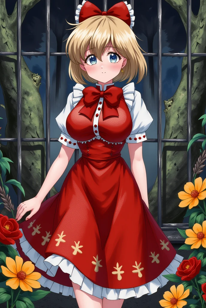 1girl,short hair,blonde hair,red gothic clothes,red flowers,yellow flowers,thistles, thorns,forest,(gloomy,no light),(in cage),big red bowknot,(full body,wide shot,panorama), mfotou, backlight,watercolor
