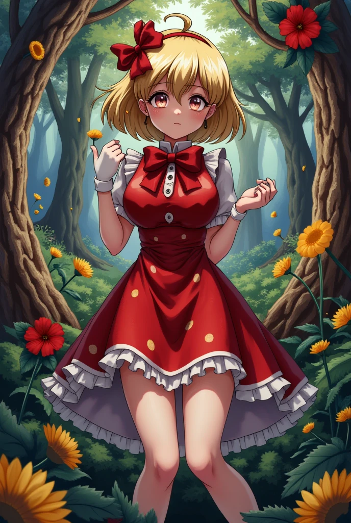 1girl,short hair,blonde hair,red gothic clothes,red flowers,yellow flowers,thistles, thorns,forest,(gloomy,no light),(in cage),big red bowknot,(full body,wide shot,panorama), mfotou, backlight,watercolor
