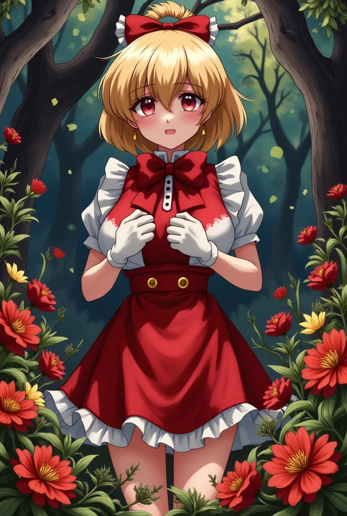 1girl,short hair,blonde hair,red gothic clothes,red flowers,yellow flowers,thistles, thorns,forest,(gloomy,no light),(in cage),big red bowknot,(full body,wide shot,panorama), mfotou, backlight,watercolor
