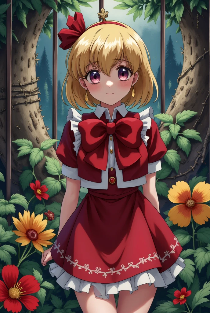 1girl,short hair,blonde hair,red gothic clothes,red flowers,yellow flowers,thistles, thorns,forest,(gloomy,no light),(in cage),big red bowknot,(full body,wide shot,panorama), mfotou, backlight,watercolor
