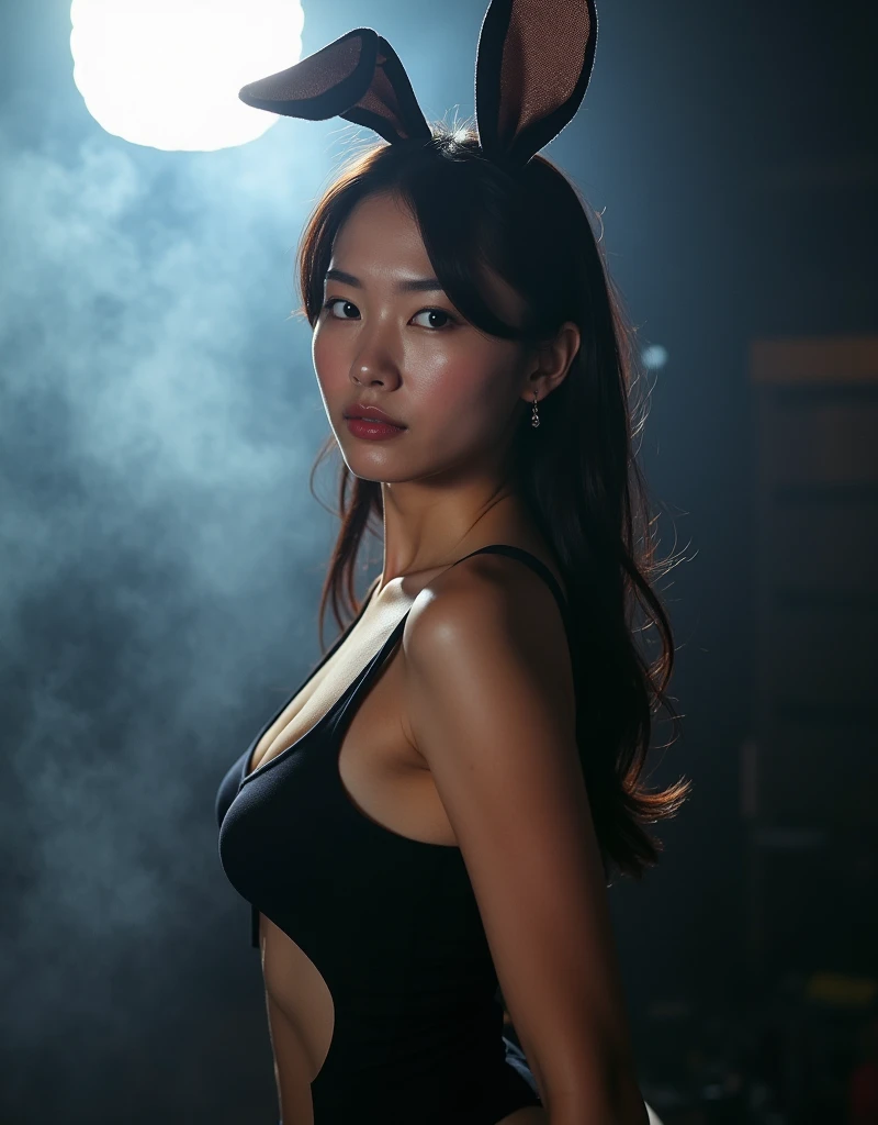 A portrait of a 28-year-old Asian woman (profile close-up above the knees: 1.5), a masterpiece of ultra-realistic and realistic photography, with elegant makeup that accentuates the woman's face, in a dimly lit studio, the woman stands wearing a super high-cut bunny costume that is open above the pelvis. The costume is a black leotard, and the woman is wearing a bunny ears headband, exposing her legs and cleavage. The lights are off and a thick mist floats around. The woman is lit by a spotlight directly above her.