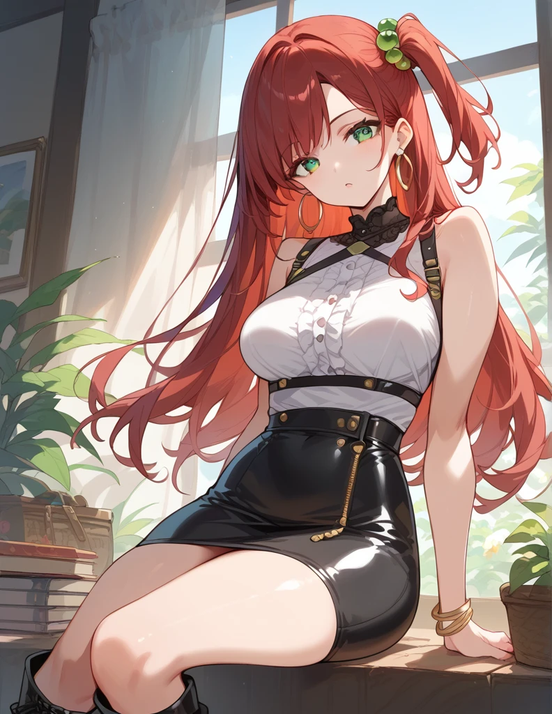 score_9, score_8_up, score_7_up, source_Cartoon, Morning Fragrance  ,   red hair, (green eyes, one side up),,hair accessories,   Glossy Skin , long hair, Hoop Earrings... White Leatherette... Black High Waist Skinny Skirt.Leather Black Horse Boots 