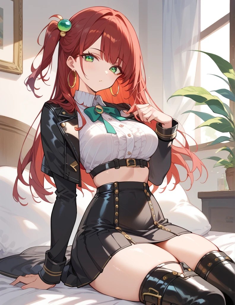 score_9, score_8_up, score_7_up, source_Cartoon, Morning Fragrance  ,   red hair, (green eyes, one side up),,hair accessories,   Glossy Skin , long hair, Hoop Earrings... White Leatherette... Black High Waist Skinny Skirt.Leather Black Horse Boots 