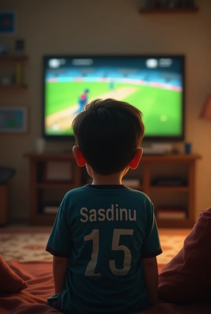 A boy watching cricket on the tv.The boy is wearing a Bangladesh cricket Jersey.Jersey name is Raisul and jersy number is 75