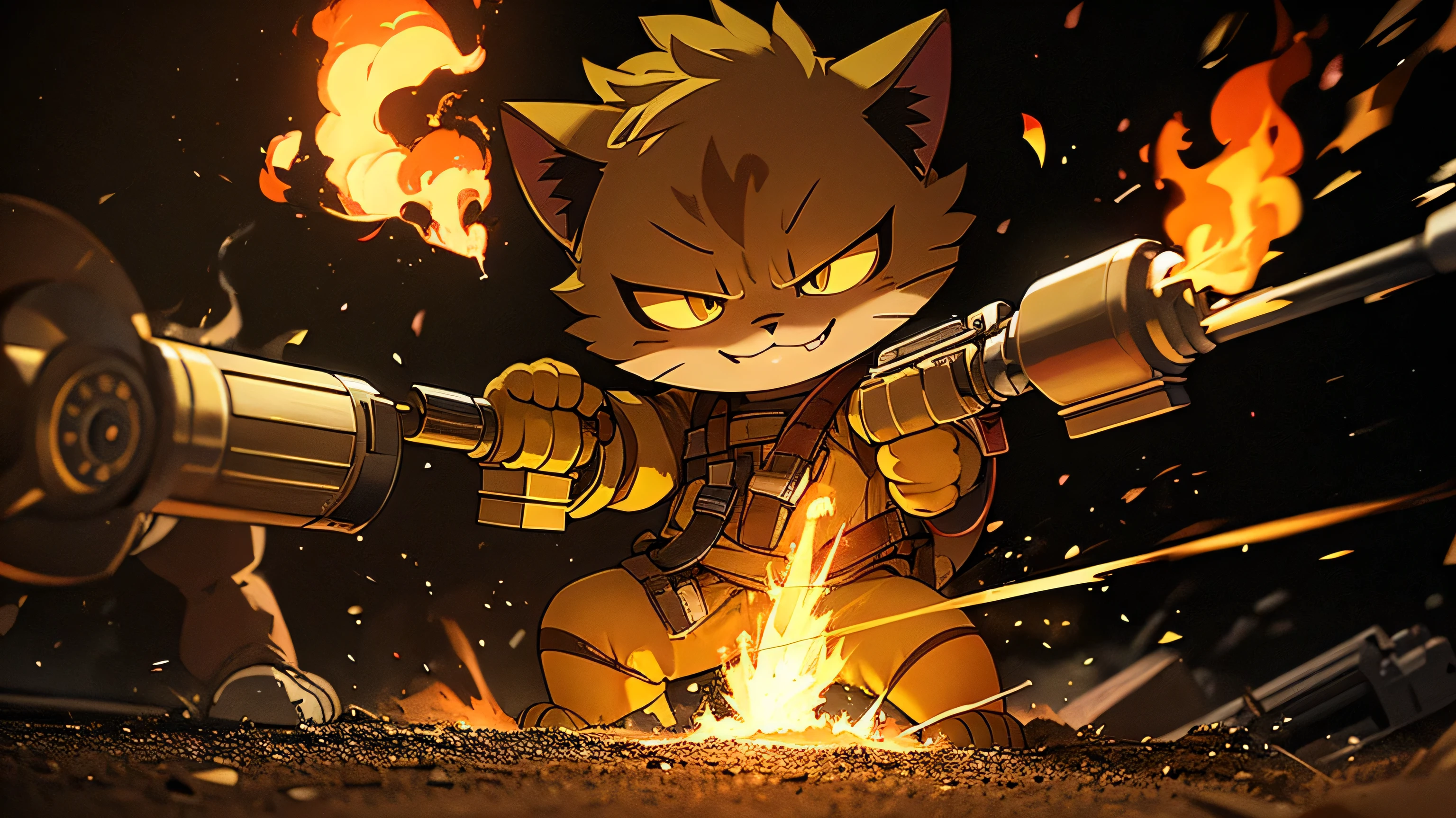 make a yellow cartoonish cat holding fire guns, explosive in the background, smirking face