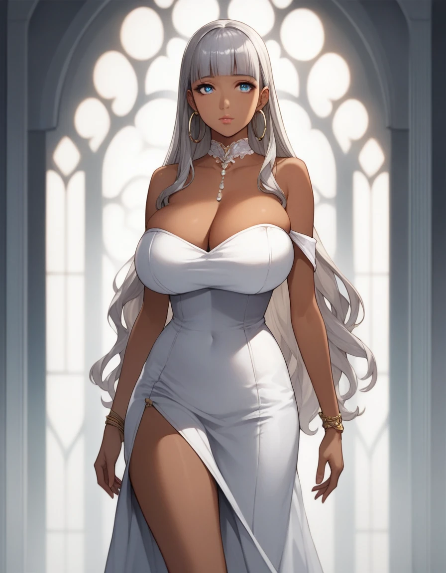 masterpiece,Best Quality,  Very Detailed,  score_9,  score_8_up,  score_7_up,  score_6_up,sauce_Anime,Blake Liliana, 1 girl, Alone, Long Hair, breast,  viewers, bangs,  blue eyes,  dress,  clevis,  Bare Shoulder ,  jewellery, clavicle, Gray Hair, Thighs,  earrings for a woman alone,  choker, indoor, Dark Skin Tone, blunt bangs, white  dress, huge breast,  Bracelets, Dark skinned woman, lips, hoop  earrings for a woman alone,throw