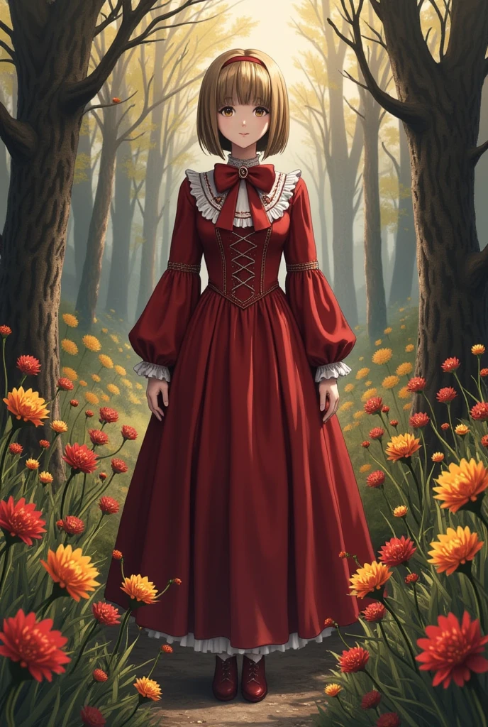 1girl,short hair,blonde hair,red gothic clothes,red flowers,yellow flowers,thistles, thorns,forest,(gloomy,no light),(in cage),big red bowknot,(full body,wide shot,panorama), mfotou, backlight,watercolor
