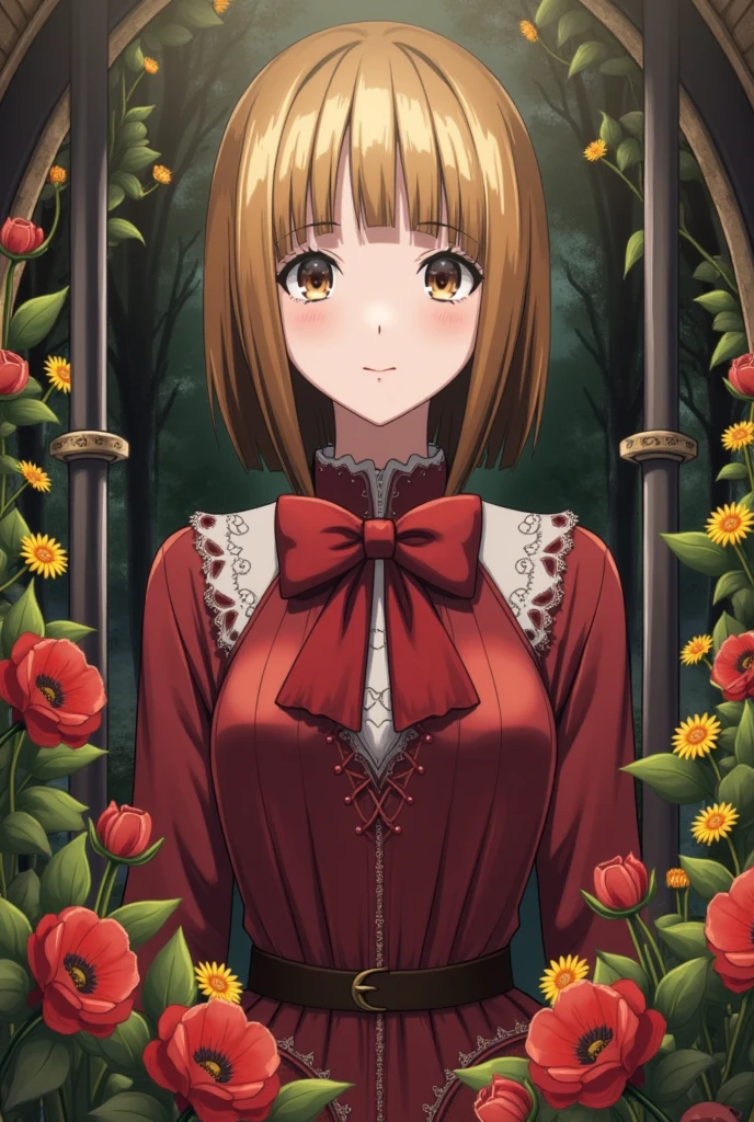 1girl,short hair,blonde hair,red gothic clothes,red flowers,yellow flowers,thistles, thorns,forest,(gloomy,no light),(in cage),big red bowknot,(full body,wide shot,panorama), mfotou, backlight,watercolor
